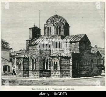 Dieses Foto aus dem Jahr 1890 zeigt die Kirche St. Theodore in Athen, Griechenland. Das Bild hebt die architektonischen Merkmale dieser wichtigen religiösen Stätte hervor und spiegelt den Stil der griechischen Kirchengebäude aus dem späten 19. Jahrhundert und die kulturelle Bedeutung solcher Wahrzeichen wider. Stockfoto