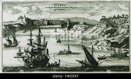 Dieser Stich von Jacob Peeters aus dem Jahr 1690 zeigt den großen Mogul und Indien und bietet eine historische Darstellung der Größe und des Einflusses des Reiches. Das Bild ist ein wichtiges historisches Dokument der Mogul-Ära. Stockfoto