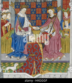 Der Talbot-Hund, der im Shrewsbury-Manuskript dargestellt ist, zeigt Margarete von Anjou, ein bemerkenswertes Emblem der Lancastrian-Dynastie. Dieses Kunstwerk aus dem 15. Jahrhundert spiegelt die Symbole der königlichen Familie und ihre Verbindung zur englischen Heraldik während der Rosenkriege wider. Stockfoto