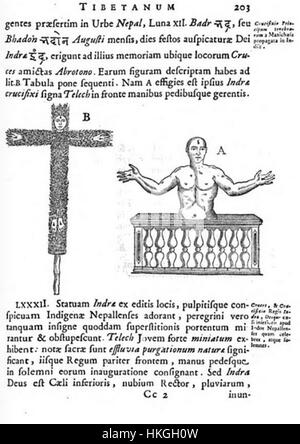 Das Gemälde zeigt den Hindugott Indra, dargestellt als Gekreuzigten Retter, basierend auf der Ikonographie des *Alphabetum Tibetanum*. Es spiegelt eine Verschmelzung religiöser Bilder aus hinduistischen und buddhistischen Traditionen wider und hebt die Schnittmenge religiöser Symboliken in alten Texten hervor. Stockfoto