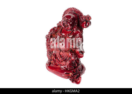 Statue, Buddha - Budai oder Hotei lachend. Fröhlichen Mönch mit Drachen und Geld isoliert auf weißem Hintergrund. Stockfoto