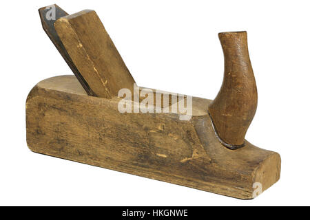 gebrauchte Holz Hand Flugzeug isoliert auf weißem Hintergrund Stockfoto