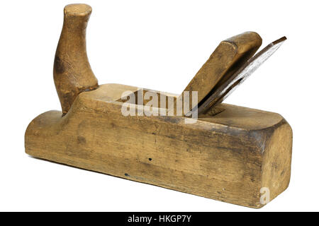 gebrauchte Holz Hand Flugzeug isoliert auf weißem Hintergrund Stockfoto