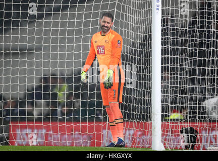 Derby County Torhüter Scott Carson sieht niedergeschlagen, nachdem Leicester City Tor ihre zweite des Spiels in der FA-Cup vierten Vorrundenspiel im Pride Park, Derby. Stockfoto