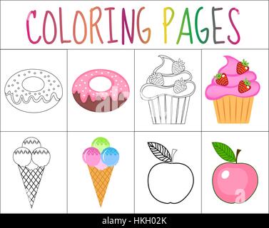 Coloring Book Seite gesetzt. Süßigkeiten-Sammlung. Skizze und Farbe Version.  für Kinder. Kinder Bildung. Vektor-illustration Stock Vektor