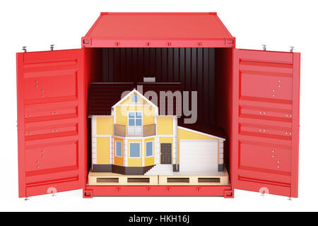 Haushalt beweglichen Dienstleistungskonzept. Cargo-Container mit Haus, 3D Rendering isoliert auf weißem Hintergrund Stockfoto