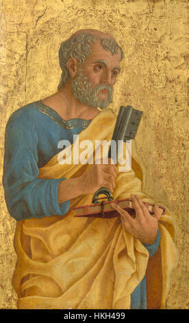 Dieses Ölgemälde des Heiligen Peter zeigt den verehrten Apostel in traditioneller religiöser Kleidung. Das Kunstwerk spiegelt die klassische christliche Ikonographie wider und fängt das Thema in einem Moment von spiritueller Bedeutung ein. Stockfoto
