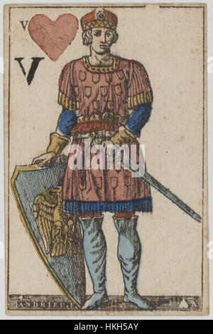 Dieses Kartendeck aus dem ersten französischen Reich mit 1810 Karten zeigt den „Jack of Hearts“. Die Terrasse repräsentiert den künstlerischen Stil der Zeit und verbindet klassische Designelemente mit der symbolischen Bildsprache der französischen Gesellschaft während der napoleonischen Ära. Stockfoto