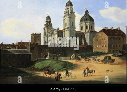„Schwabinger Tor“ ist ein Gemälde, das die Stadtlandschaft Münchens widerspiegelt und die geschäftige Atmosphäre eines der ikonischen Tore der Stadt einfängt. Die Arbeiten betonen architektonische Details und die lebendige Energie der Gegend. Stockfoto