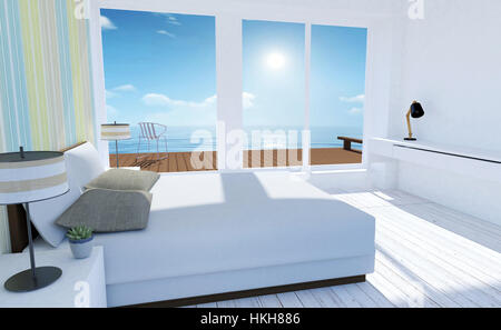 Weiß und gemütliche minimal Schlafzimmer Innenraum mit Blick auf das Meer im Sommer Stockfoto