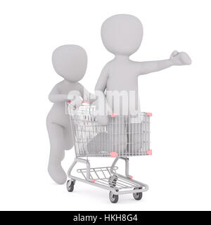 Gesichtslose 3D Männer spielen im Supermarkt mit Erwachsenen im Warenkorb, stehend auf Knien mit ausgestreckter Hand Rollen Rendern isoliert auf weißem Hinterg Stockfoto