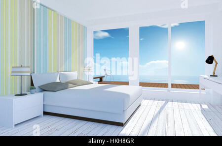 Weiß und gemütliche minimal Schlafzimmer Innenraum mit Blick auf das Meer im Sommer Stockfoto