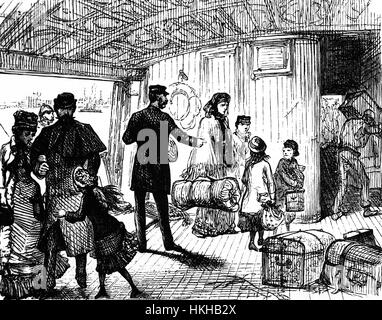 1879: Passagiere an Bord der Cunard-SS "Scythia" verankert in den Fluss Mersey, Liverpool, England vor Tor ihrer Atlantiküberquerung nach New York, USA. Stockfoto