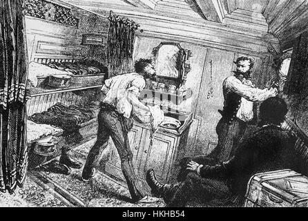 1879: in der ziemlich engen Kabine der Cunard-SS "Scythia" zu waschen, als es den Atlantik Newmedia unterwegs für New York, USA überquert. Stockfoto