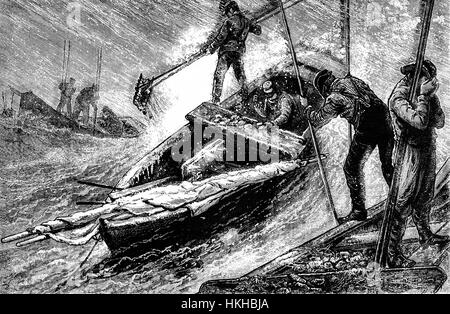 1879: Rechen für Austern in der Chesapeake Bay in kleine Ruderboote; die Zange lag zwischen 7 und 24 Metern Länge und sah aus wie zwei Garten-Rechen mit sehr langen Henkeln, mit der Zahnseite jeder Rechen einander zugewandt. Maryland und Virginia Staaten, Vereinigte Staaten von Amerika Stockfoto