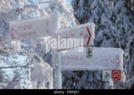 Winter am Kahlen Asten, Sauerland, höchsten Berg in NRW, Deutschland, tief verschneite Landschaft, Wegweiser, Wanderführer, Stockfoto