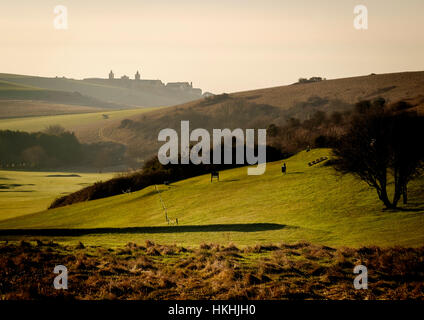 Ein Blick über East Brighton Golfplatz Roedean School und das Meer Stockfoto