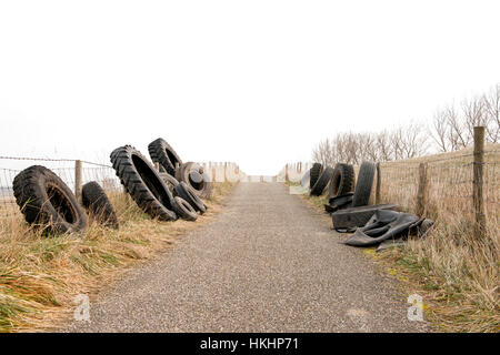 illegal gedumpten LKW und Traktorreifen in einem Naturschutzgebiet in der Provinz Zeeland in den Niederlanden Stockfoto
