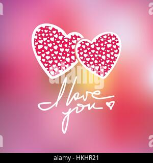 Valentinstag unscharf Hintergrund für Grußkarte Design mit handgezeichneten Schriftzug und Herzen. EPS8-Vektor-Illustration. Stock Vektor