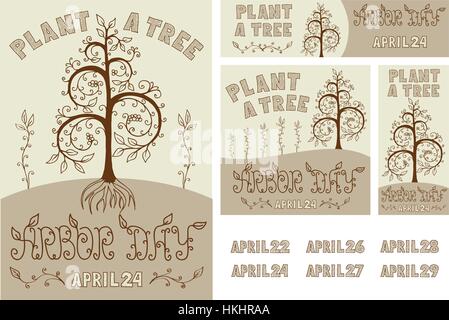 Tag des Baumes Satz von Hand gezeichnete Poster, Karten, Flyer und Banner Stock Vektor