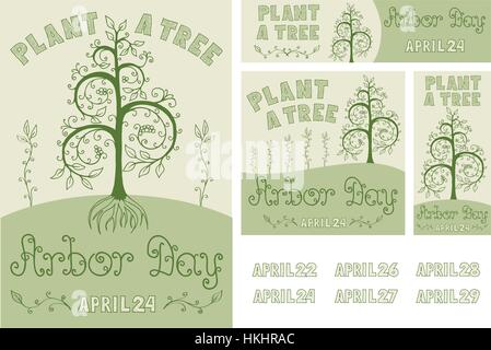Tag des Baumes Satz von Hand gezeichnete Poster, Karten, Flyer und Banner Stock Vektor