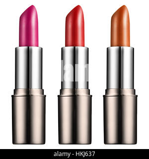 Drei 3d Render Lippenstifte von pink, rot und orange Farbe isoliert auf weißem Hintergrund Stockfoto