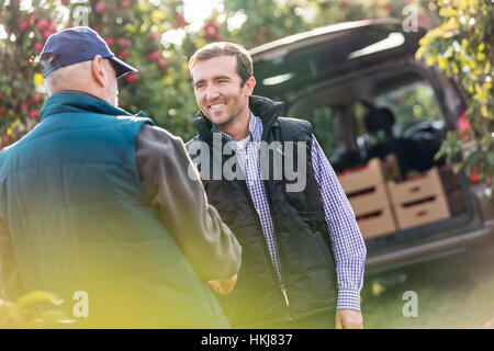 Lächelnde männlichen Bauern und Kunden Handshake im Apfelgarten Stockfoto