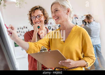 Lächelnd weibliche Design-Profis mit Zwischenablage treffen am Flipchart im Büro Stockfoto