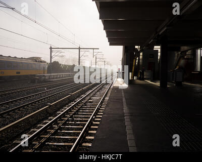 Bahnhof im Nebel am frühen Morgen Stockfoto