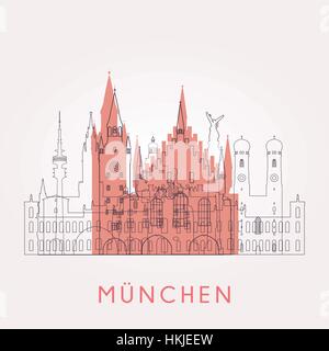 Übersicht München Vintage Skyline mit Sehenswürdigkeiten. Vektor-Illustration. Business-Reisen und Tourismus-Konzept mit historischen Gebäuden. Bild für presentatio Stock Vektor