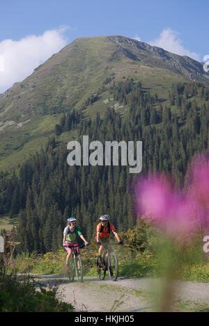 Zwei Mountainbiker fahren auf unbefestigten Straße durch Wald, Zillertal, Tirol, Österreich Stockfoto