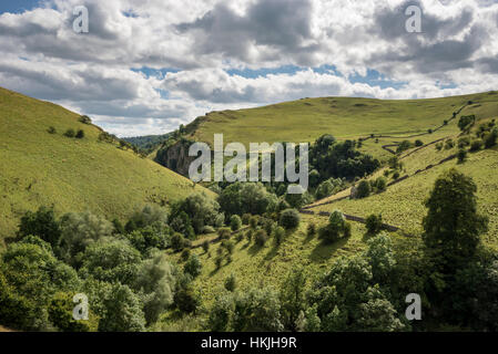 Schöne Landschaft in der Nähe von Milldale in den Peak District National Park. Die steilen Hänge des Dovedale an einem Sommertag. Stockfoto