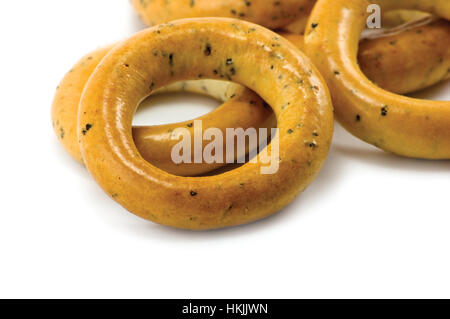 Ring-Bagels isoliert Makro Nahaufnahme, Horizontal Stockfoto