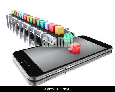 3D Renderer Bild. Förderband mit app-Icons und Smartphone. Technologie-Konzept. Isolierten weißen Hintergrund. Stockfoto