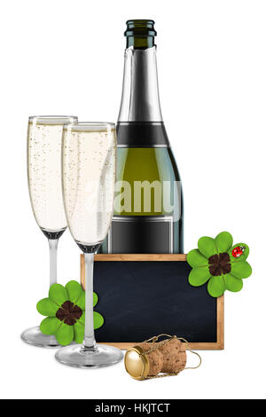 Silvester-Flasche Champagner-Gläser und leeren Schiefer Tafel Kreidetafel Holzrahmen dekoriert mit vier Kleeblatt und Marienkäfer Stockfoto