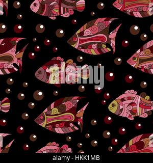 Nahtloses Muster mit farbigen Zentangle doodle Fische. Jahrgang. Stock Vektor