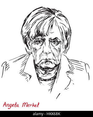 Angela Dorothea Merkel Chancellor Deutschlands, Führer von der Christlich Demokratischen Union (CDU), von hand gezeichnet, Illustration, einfachen Linien Tusche-Zeichnung Stockfoto