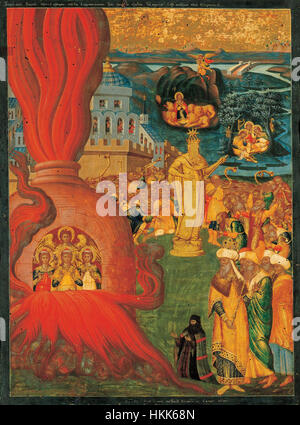 * Die Geschichte von Daniel und den drei Jugendlichen im feurigen Ofen von Konstantinos Adrianoupolitis veranschaulicht die biblische Erzählung aus dem Buch Daniel, wo Schadrach, Mesach und Abednego in einen Ofen geworfen werden, weil sie sich weigern, einen falschen Gott anzubeten. Das Kunstwerk fängt den dramatischen Moment göttlicher Intervention ein, während die Jugendlichen unversehrt auftauchen und Flammen sie umgeben. Stockfoto