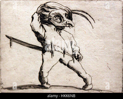 Ein Druck von Jacques Callot mit dem Titel „der Maskierte mit verdrehten Beinen“, der eine maskierte Figur in verzerrter und ausdrucksstarker Pose darstellt, die für Callots Barockstil charakteristisch ist. Stockfoto