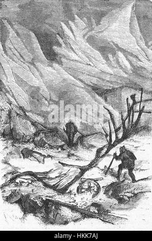 „Das Eisfeld“ von Riou und Montaut zeigt die raue, gefrorene Landschaft der Arktis. Das Gemälde fängt das krasse, eisige Gelände und die anspruchsvolle Umgebung ein, mit der Entdecker konfrontiert sind, und unterstreicht die unerbittliche Kälte und Schönheit der Polarregionen. Stockfoto