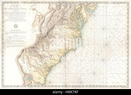 Diese Karte von 1778 bietet eine detaillierte geografische Darstellung der südamerikanischen Kolonien, einschließlich Georgia, North Carolina, South Carolina, Virginia, und Maryland. Sie bietet historische Einblicke in die Kartographie des 18. Jahrhunderts. Stockfoto