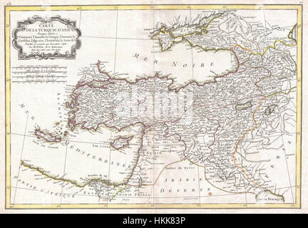 Diese 1771 Bonne Karte zeigt die Regionen Türkei, Syrien und Irak im 18. Jahrhundert. Es bietet einen historischen Blick auf die geographischen Grenzen und die politische Landschaft des Nahen Ostens zu dieser Zeit. Stockfoto