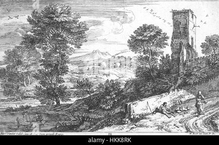 Dieses Gemälde von Adriaen van der Kabel mit dem Titel *Landschap Met Bedelaar* zeigt einen Bettler in einer Landschaftsszene und spiegelt die Kunst des Künstlers wider, natürliche Landschaften mit menschlichen Figuren zu verbinden. Die Arbeit zeigt die Verwendung von Licht und Schatten, die in der niederländischen Landschaftskunst des 17. Jahrhunderts üblich ist. Stockfoto