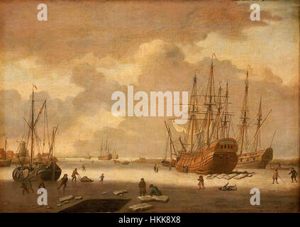*Ein holländischer Whaler und andere Schiffe im Eis* von Adam Silo zeigt eine maritime Szene, in der holländische Walfangschiffe im Eis gefangen sind, eine Darstellung der Meeresforschung des 17. Jahrhunderts und der Herausforderungen der arktischen Expeditionen. Das Gemälde zeigt die rauen Umweltbedingungen, denen Seeleute gegenüberstehen, und erfasst die historische Bedeutung des Walfangs im Goldenen Zeitalter der Niederlande. Stockfoto