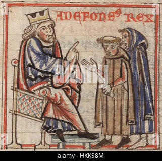 Das Porträt von Alfonso VI. De Castilla aus dem Manuskript „BNE mss 1513 f 67v“ von 1513 zeigt einen spanischen Monarchen, der für seine historische Bedeutung bekannt ist. Das Manuskript hebt seine Herrschaft und das politische Klima des mittelalterlichen Spaniens hervor. Stockfoto