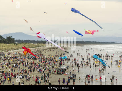 Christchurch, Neuseeland. 29. Januar 2017. Leichte Winde kein Crimp im Kite-Enthusiasten, die kam mit großen und kleinen bunten Drachen an der jährlichen Kite-Tages-Veranstaltung in New Brighton Beach gebracht. Einige der größeren Kites hatten einer harten Zeit in der Luft bleiben. Bildnachweis: PJ Heller/ZUMA Draht/Alamy Live-Nachrichten Stockfoto