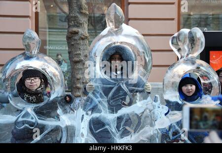 Harbin, China Provinz Heilongjiang. 29. Januar 2017. Touristen posieren für Fotos mit Eisskulpturen während der einwöchigen Frühlingsfest Ferien in Harbin, der Hauptstadt des nordöstlichen Chinas Provinz Heilongjiang, 29. Januar 2017. Bildnachweis: Wang Jianwei/Xinhua/Alamy Live-Nachrichten Stockfoto