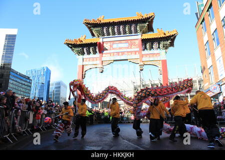 Newcastle, UK. 29. Januar 2017. Feiern für das Jahr des Hahnes in China Town Credit: David Whinham/Alamy Live-Nachrichten Stockfoto