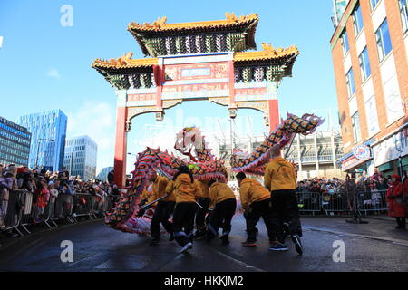 Newcastle, UK. 29. Januar 2017. Feiern für das Jahr des Hahnes in China Town Credit: David Whinham/Alamy Live-Nachrichten Stockfoto