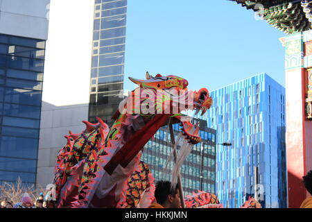 Newcastle, UK. 29. Januar 2017. Feiern für das Jahr des Hahnes in China Town Credit: David Whinham/Alamy Live-Nachrichten Stockfoto